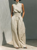 FLOR | MINIMALIST WOMEN’S TWO-PIECE SET WITH SLEEVELESS BLOUSE AND WIDE-LEG COTTON-LINEN TROUSERS