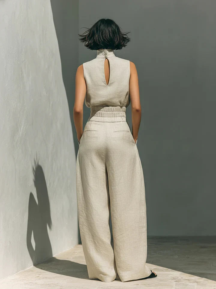 FLOR | MINIMALIST WOMEN’S TWO-PIECE SET WITH SLEEVELESS BLOUSE AND WIDE-LEG COTTON-LINEN TROUSERS