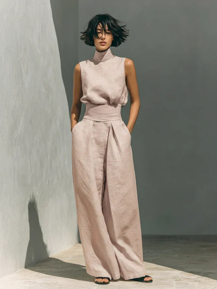 FLOR | MINIMALIST WOMEN’S TWO-PIECE SET WITH SLEEVELESS BLOUSE AND WIDE-LEG COTTON-LINEN TROUSERS