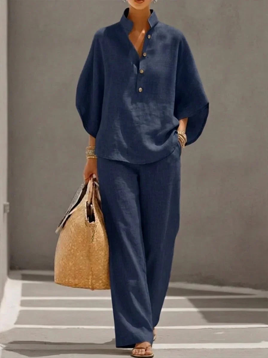 MARIBEL | LINEN SET WITH BATWING SLEEVES AND WIDE-LEG TROUSERS