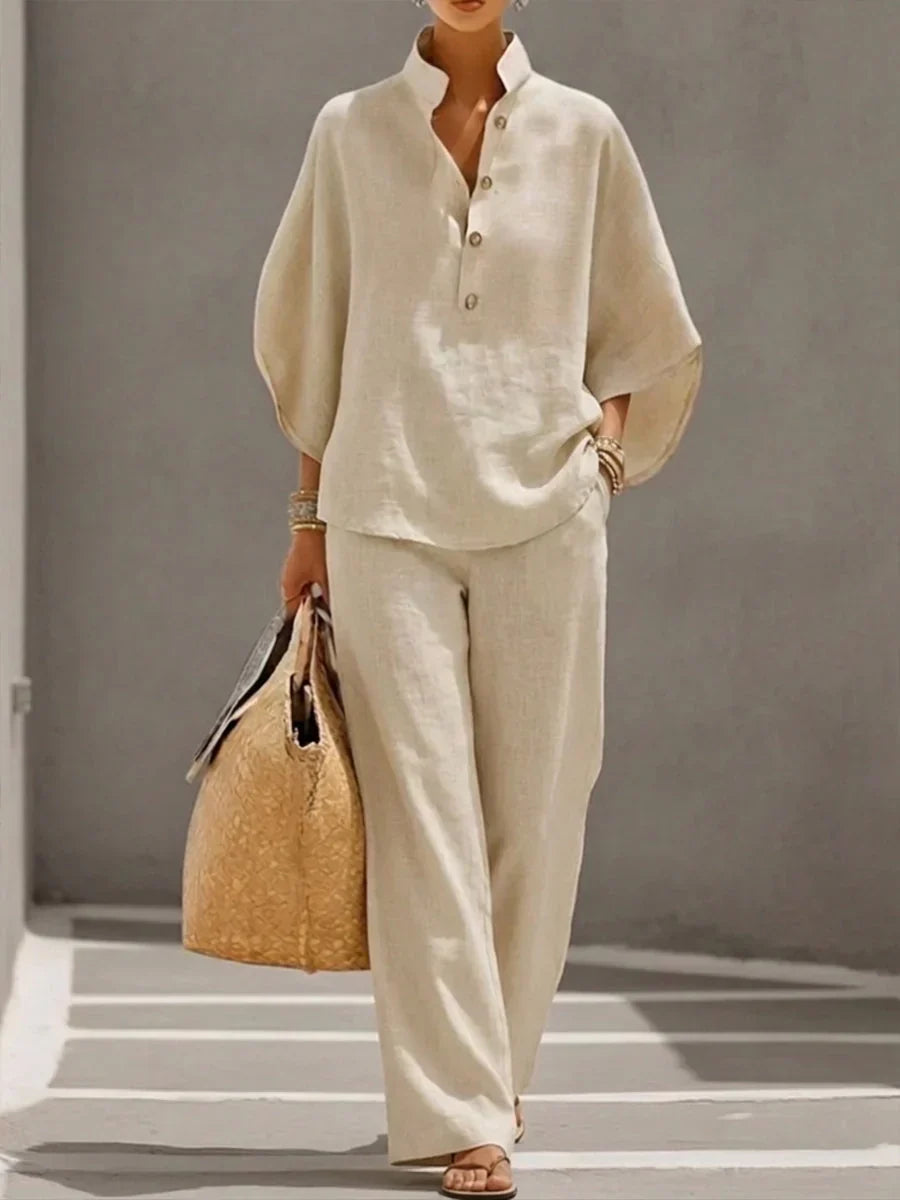 MARIBEL | LINEN SET WITH BATWING SLEEVES AND WIDE-LEG TROUSERS