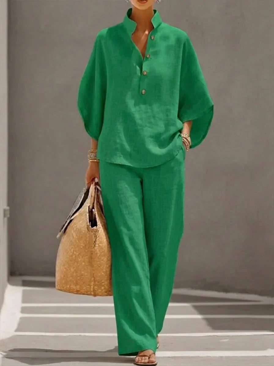 MARIBEL | LINEN SET WITH BATWING SLEEVES AND WIDE-LEG TROUSERS
